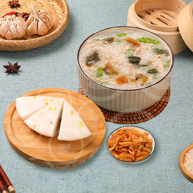 皮蛋瘦肉粥+桂花糕+柞菜丝。_看图王