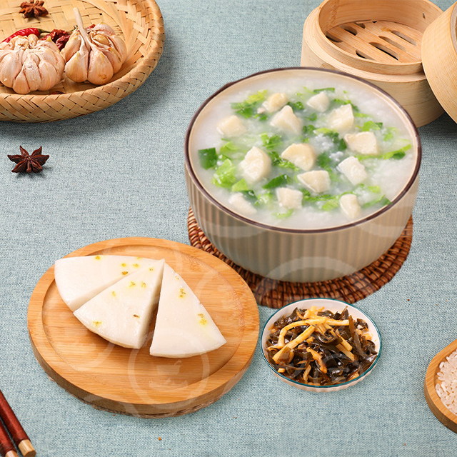 山药青菜粥+桂花糕+海带笋丝。_看图王